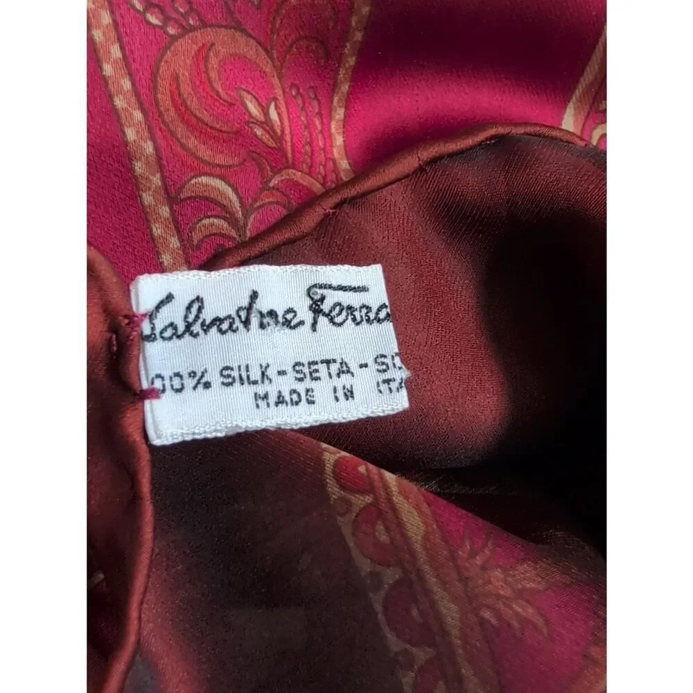 Salvatore Ferragamo Burgundy Silk Striped Floral Scarf with Elephants and Camels